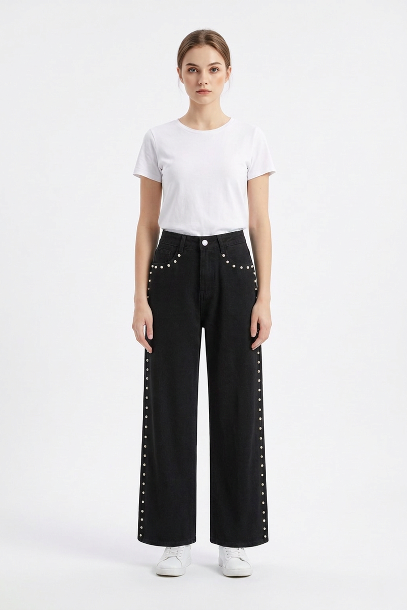 Women's High Waist Pearl Studded Side Seam Wide Leg Jeans