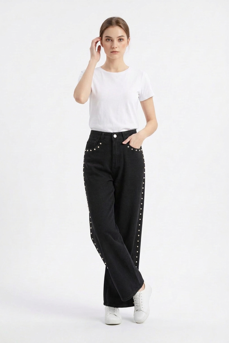 Women's High Waist Pearl Studded Side Seam Wide Leg Jeans