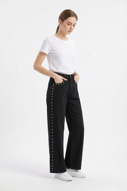 Women's High Waist Pearl Studded Side Seam Wide Leg Jeans