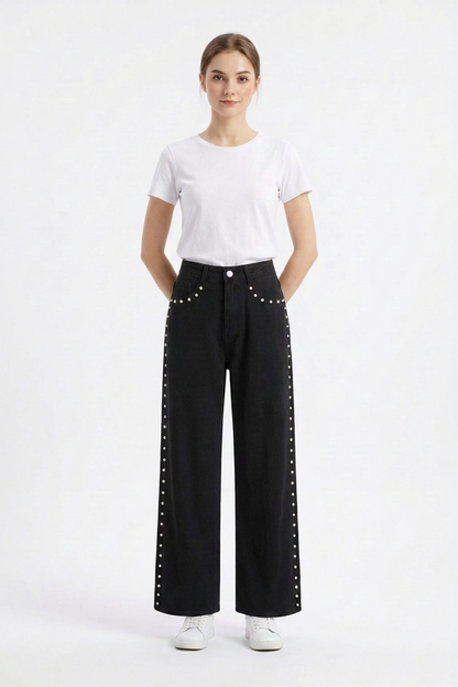 Women's High Waist Pearl Studded Side Seam Wide Leg Jeans