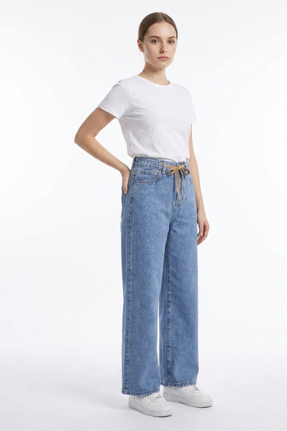 Women's Drawstring High Waist Relaxed Straight Leg Jeans