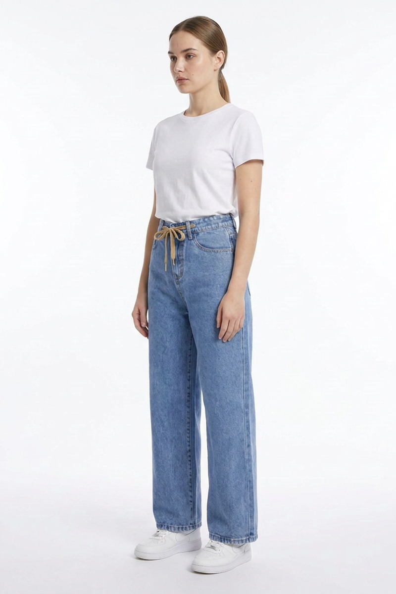 Women's Drawstring High Waist Relaxed Straight Leg Jeans
