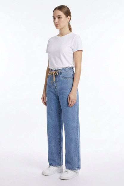 Women's Drawstring High Waist Relaxed Straight Leg Jeans