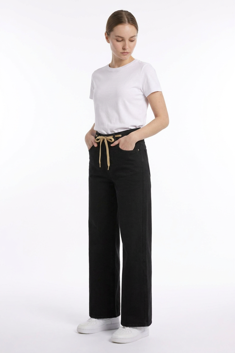 Women's Drawstring High Waist Relaxed Straight Leg Jeans