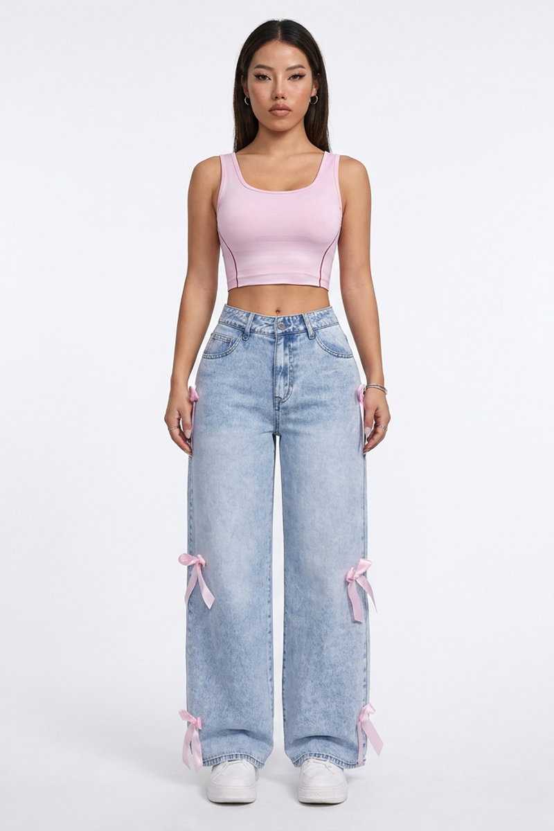 Women's High Waist Side Bow Detail Wide Leg Jeans