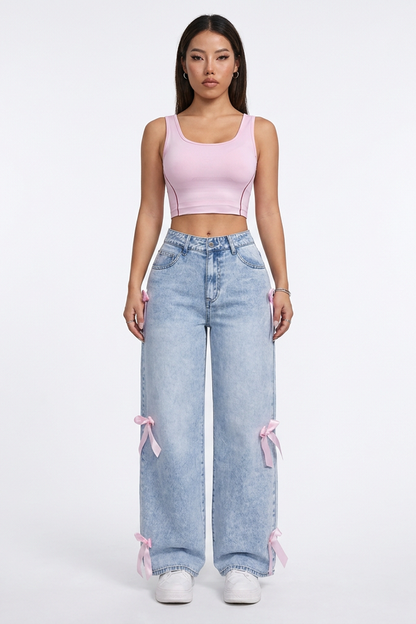 Women's High Waist Side Bow Detail Wide Leg Jeans