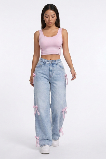 Women's High Waist Side Bow Detail Wide Leg Jeans