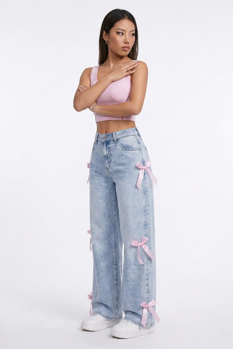 Women's High Waist Side Bow Detail Wide Leg Jeans