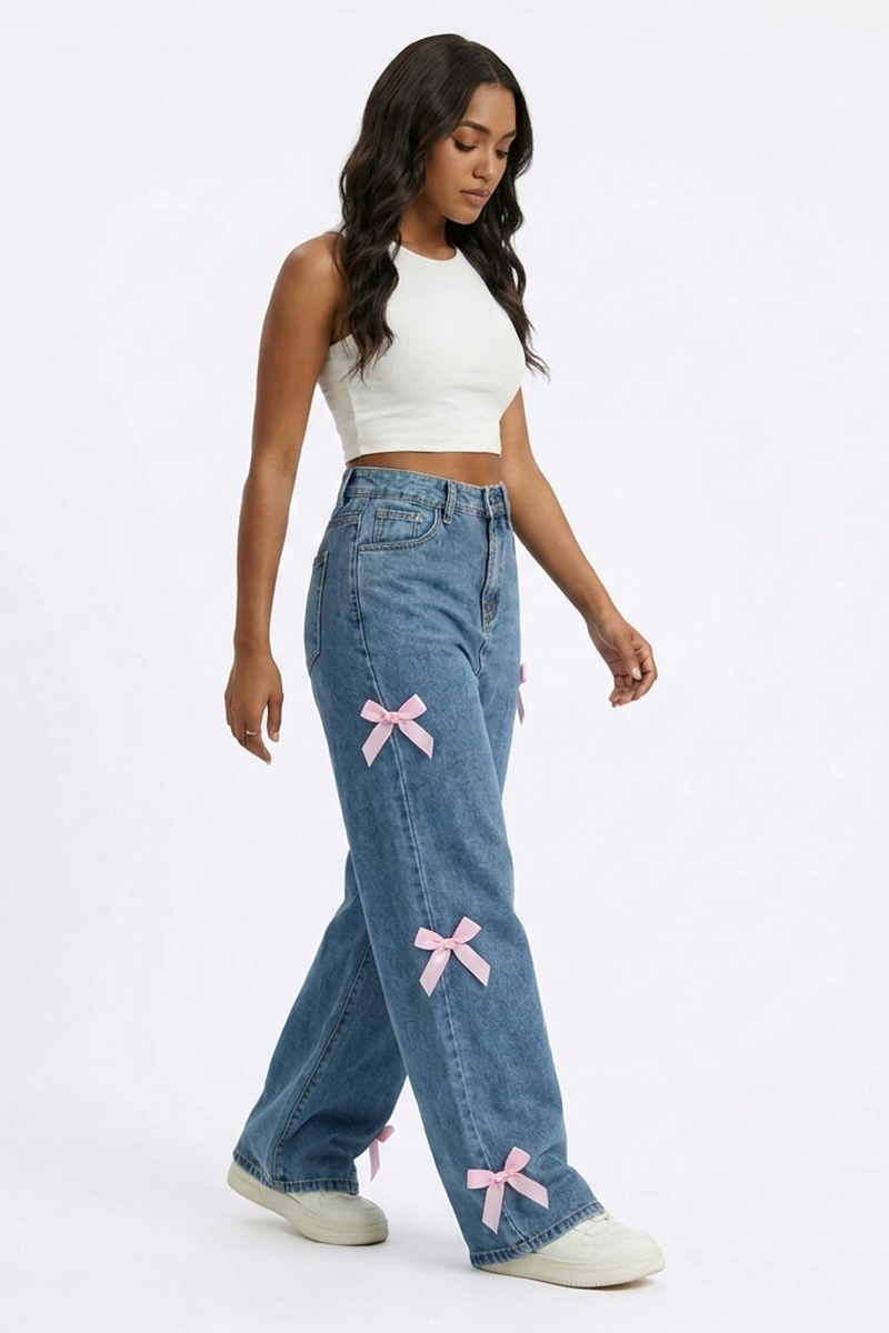 Women's High Waist Side Bow Detail Wide Leg Jeans