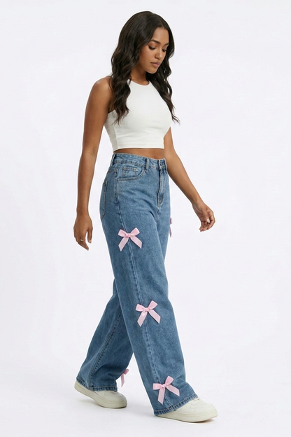 Women's High Waist Side Bow Detail Wide Leg Jeans