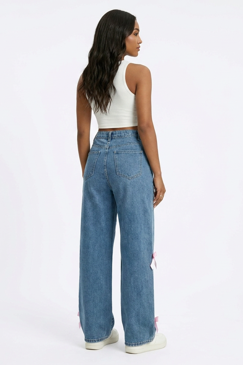 Women's High Waist Side Bow Detail Wide Leg Jeans