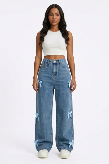 Women's High Waist Side Bow Detail Wide Leg Jeans