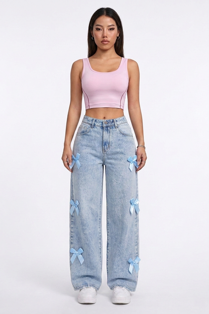 Women's High Waist Side Bow Detail Wide Leg Jeans