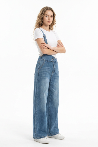 Women's Relaxed Fit One-Strap Wide Leg Denim Overalls