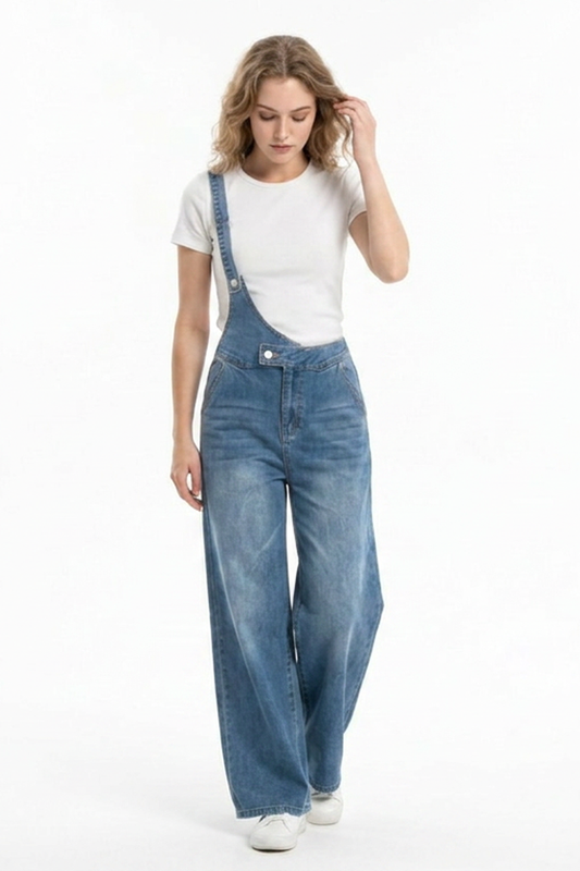 Women's Relaxed Fit One-Strap Wide Leg Denim Overalls