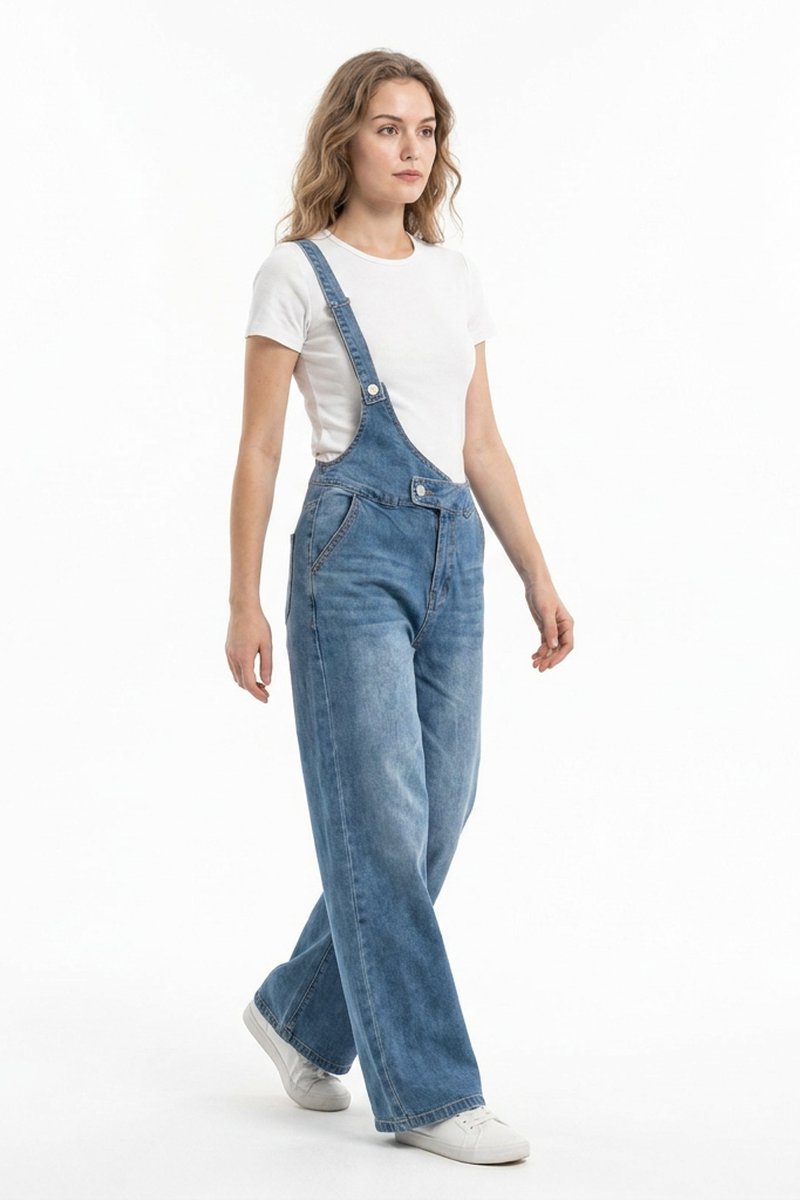 Women's Relaxed Fit One-Strap Wide Leg Denim Overalls