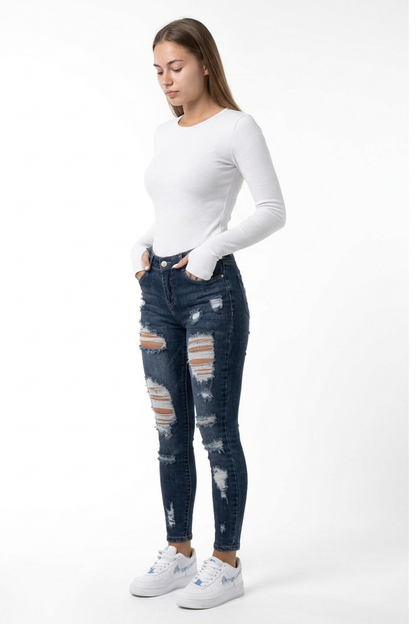 Women's High Waist Skinny Ripped Jeans