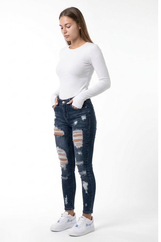 Women's High Waist Skinny Ripped Jeans