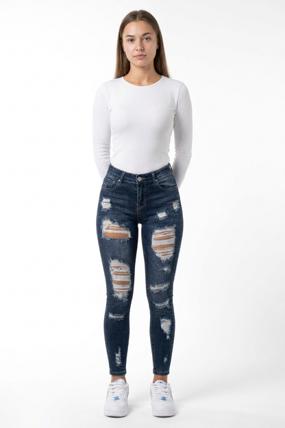 Women's High Waist Skinny Ripped Jeans
