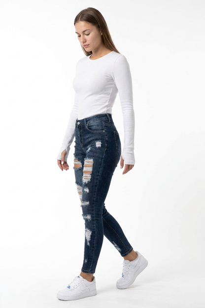 Women's High Waist Skinny Ripped Jeans