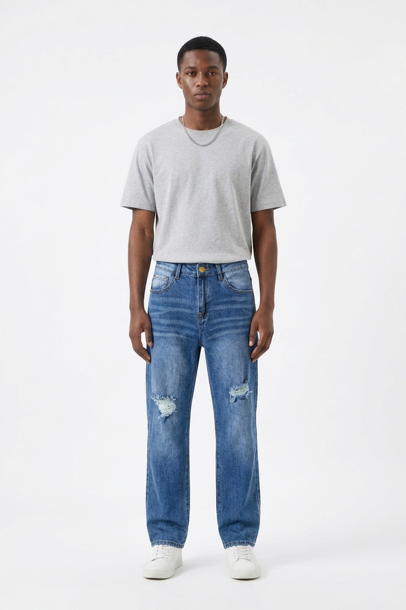 Men's Knee Ripped Distressed Straight Leg Jeans