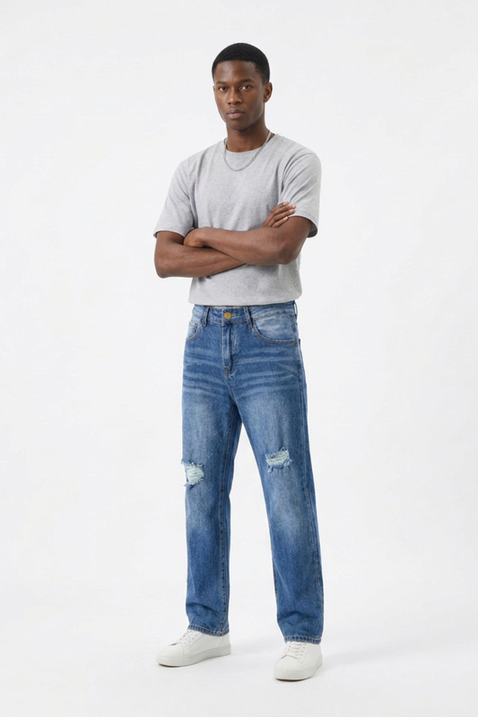 Men's Knee Ripped Distressed Straight Leg Jeans