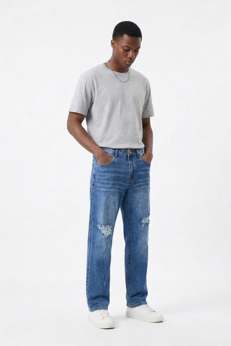 Men's Knee Ripped Distressed Straight Leg Jeans