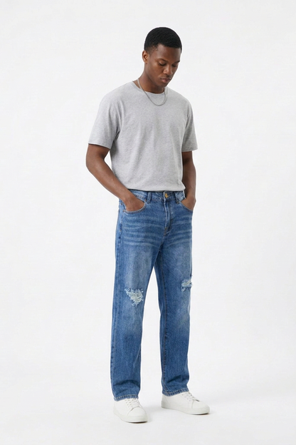 Men's Knee Ripped Distressed Straight Leg Jeans