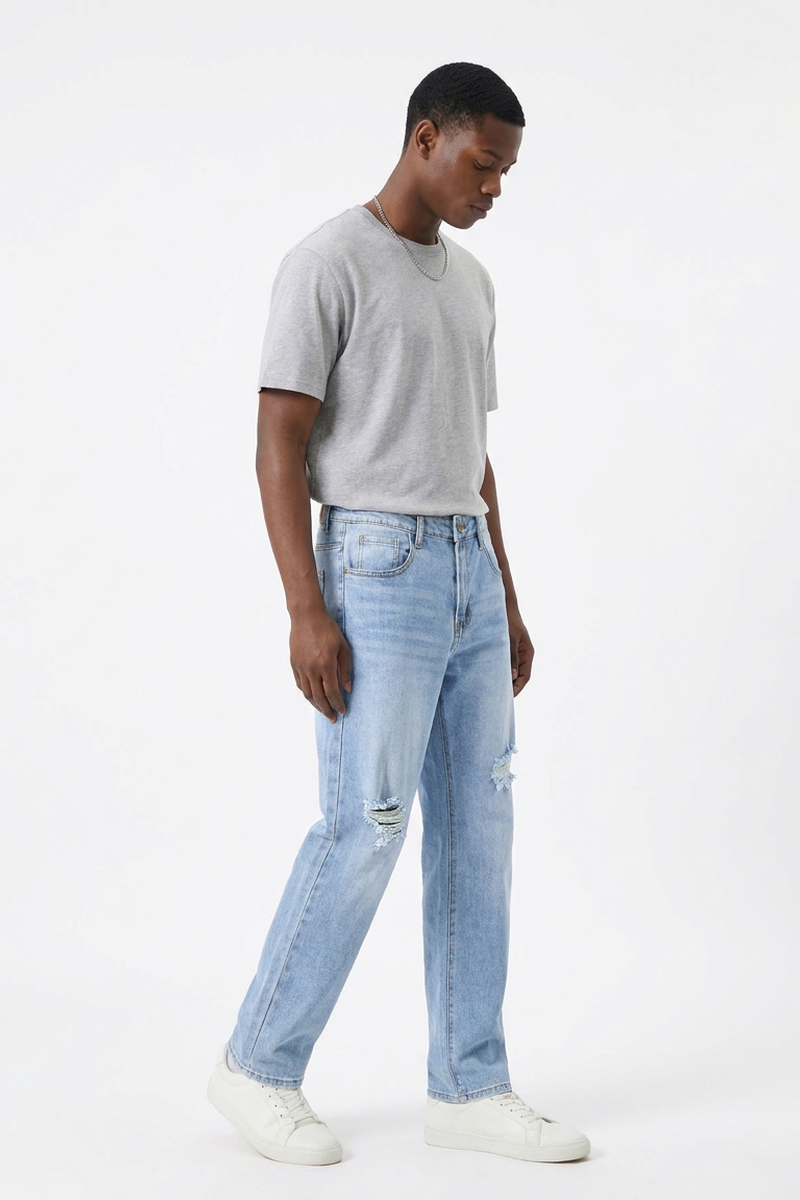 Men's Knee Ripped Distressed Straight Leg Jeans
