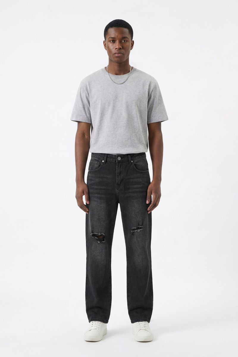 Men's Knee Ripped Distressed Straight Leg Jeans