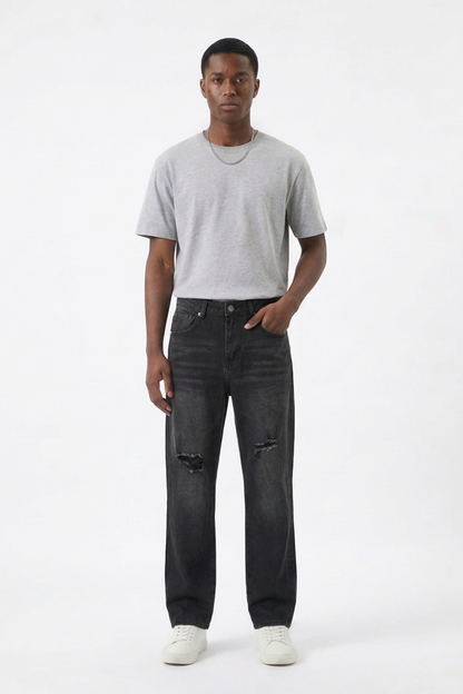Men's Knee Ripped Distressed Straight Leg Jeans