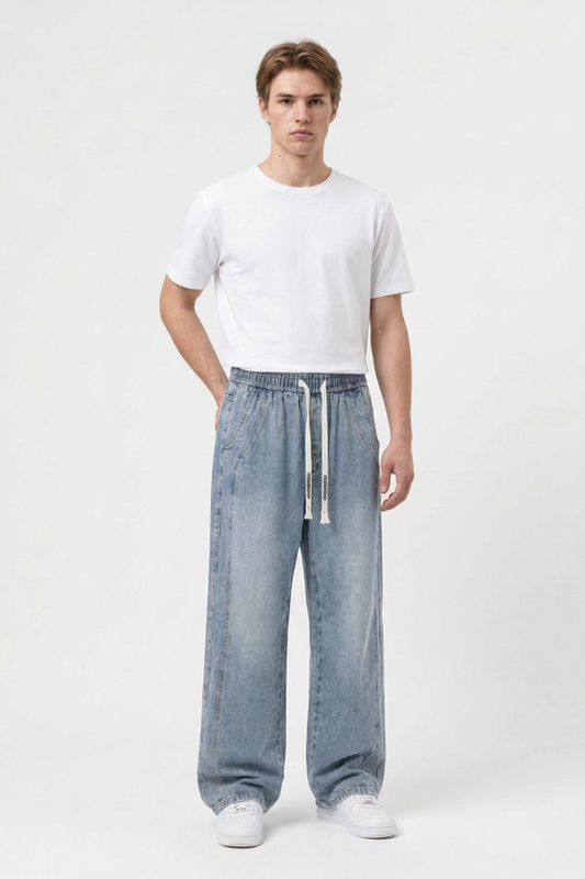 Men's Casual Loose Wide Leg Drawstring Jeans