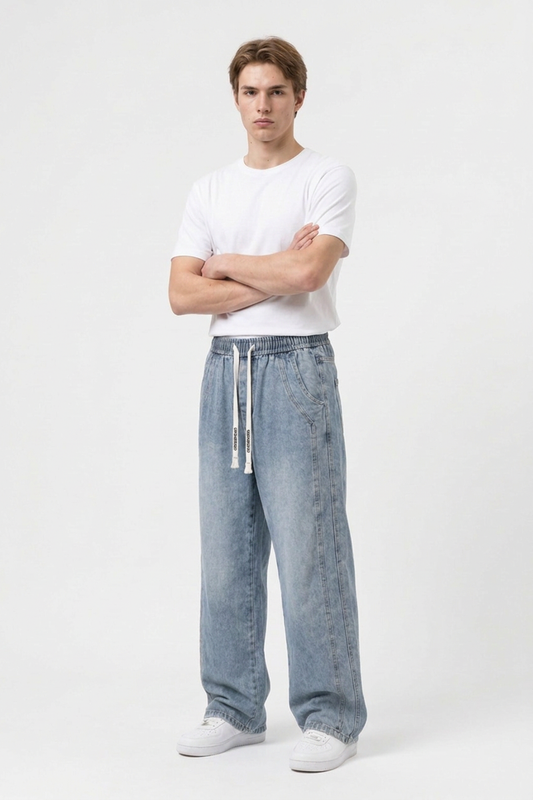 Men's Casual Loose Wide Leg Drawstring Jeans