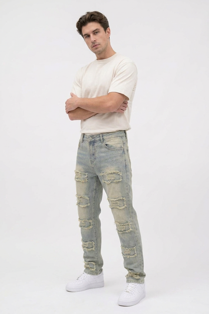 Men's Multi-Panel Frayed Slim Straight Leg Jeans