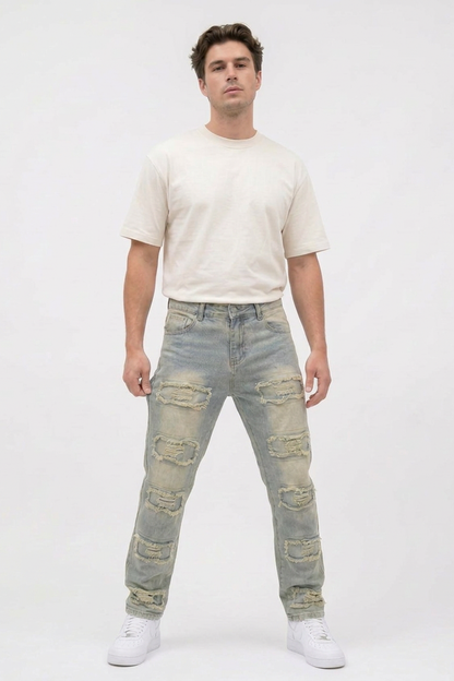 Men's Multi-Panel Frayed Slim Straight Leg Jeans