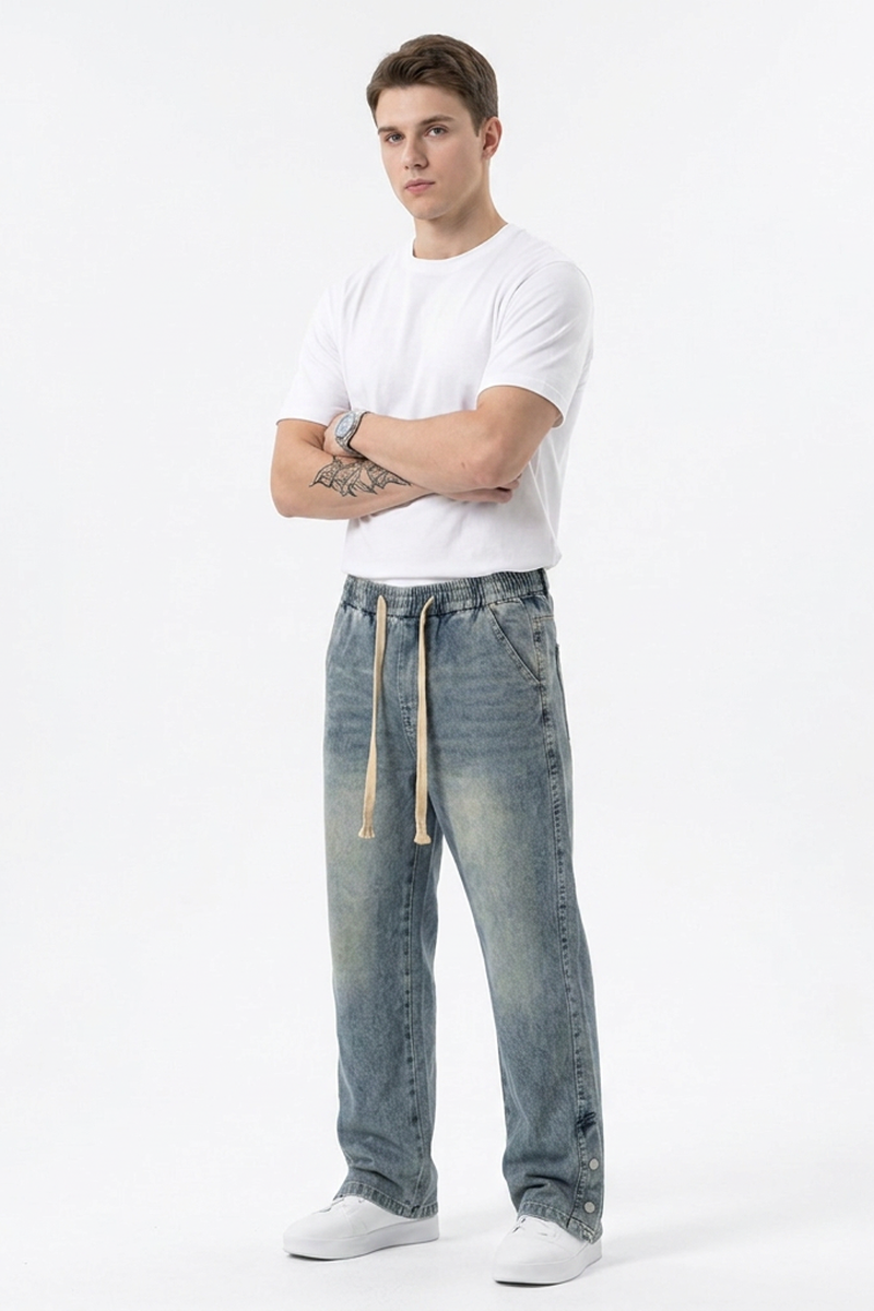 Men's Relaxed Fit Wide Leg Drawstring Jeans