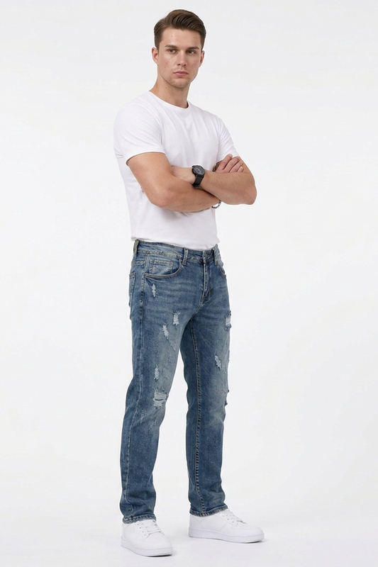 Men's Casual Rip Detail Slim Straight Jeans