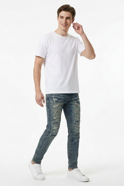 Men's Heavy Distressed Slim Fit Ripped Jeans