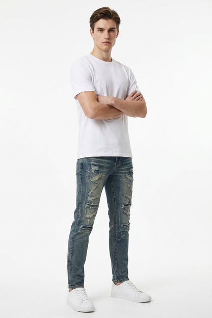 Men's Heavy Distressed Slim Fit Ripped Jeans