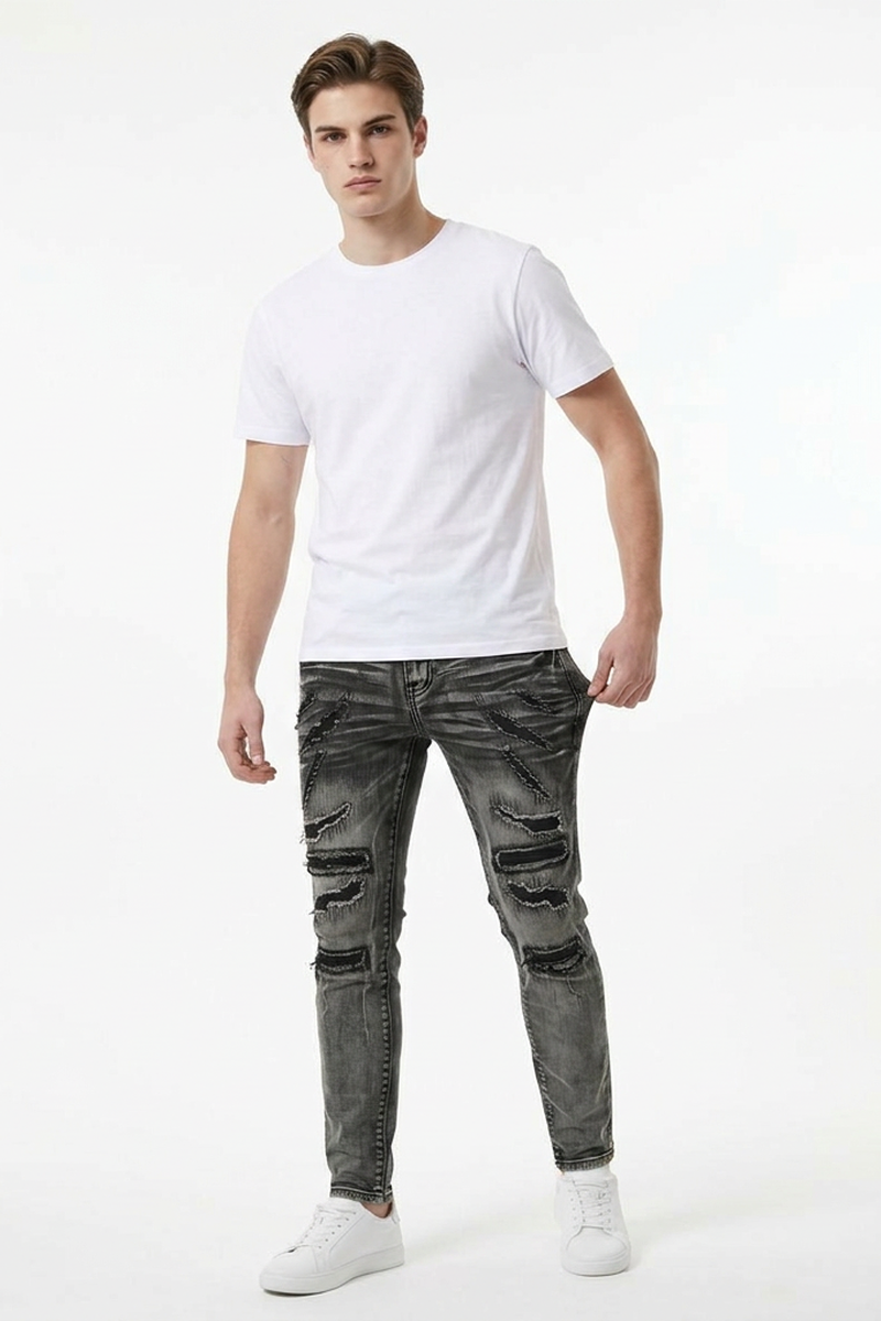 Men's Heavy Distressed Slim Fit Ripped Jeans