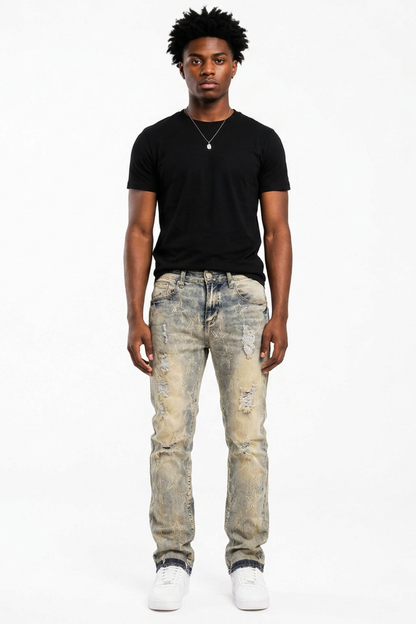 Men's Star Print Distressed Slim Fit Jeans
