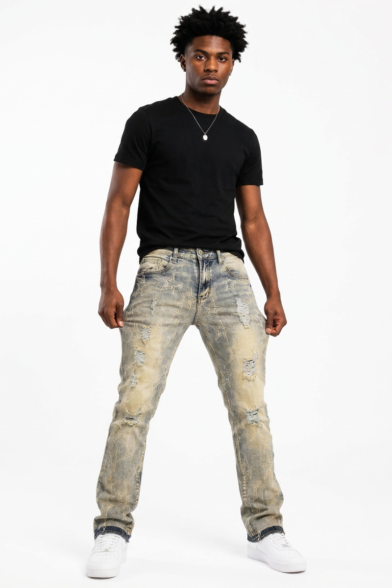 Men's Star Print Distressed Slim Fit Jeans
