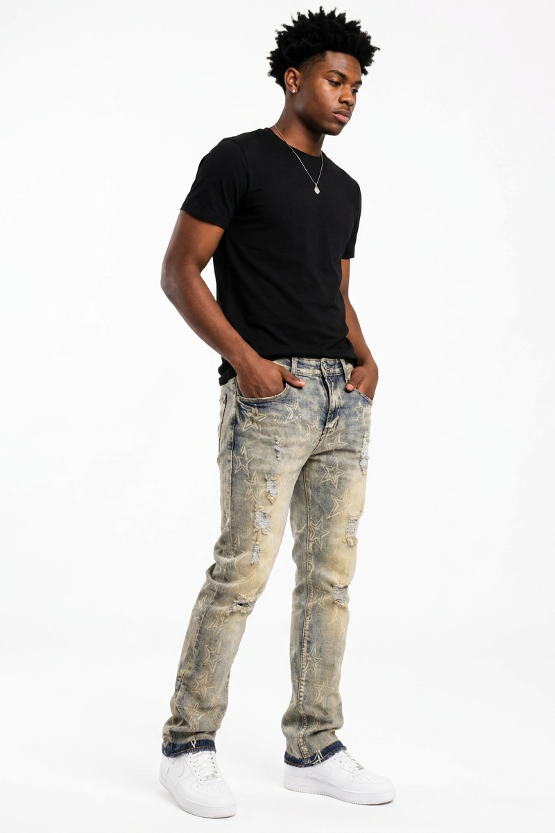 Men's Star Print Distressed Slim Fit Jeans