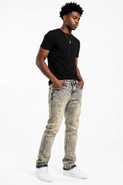 Men's Star Print Distressed Slim Fit Jeans
