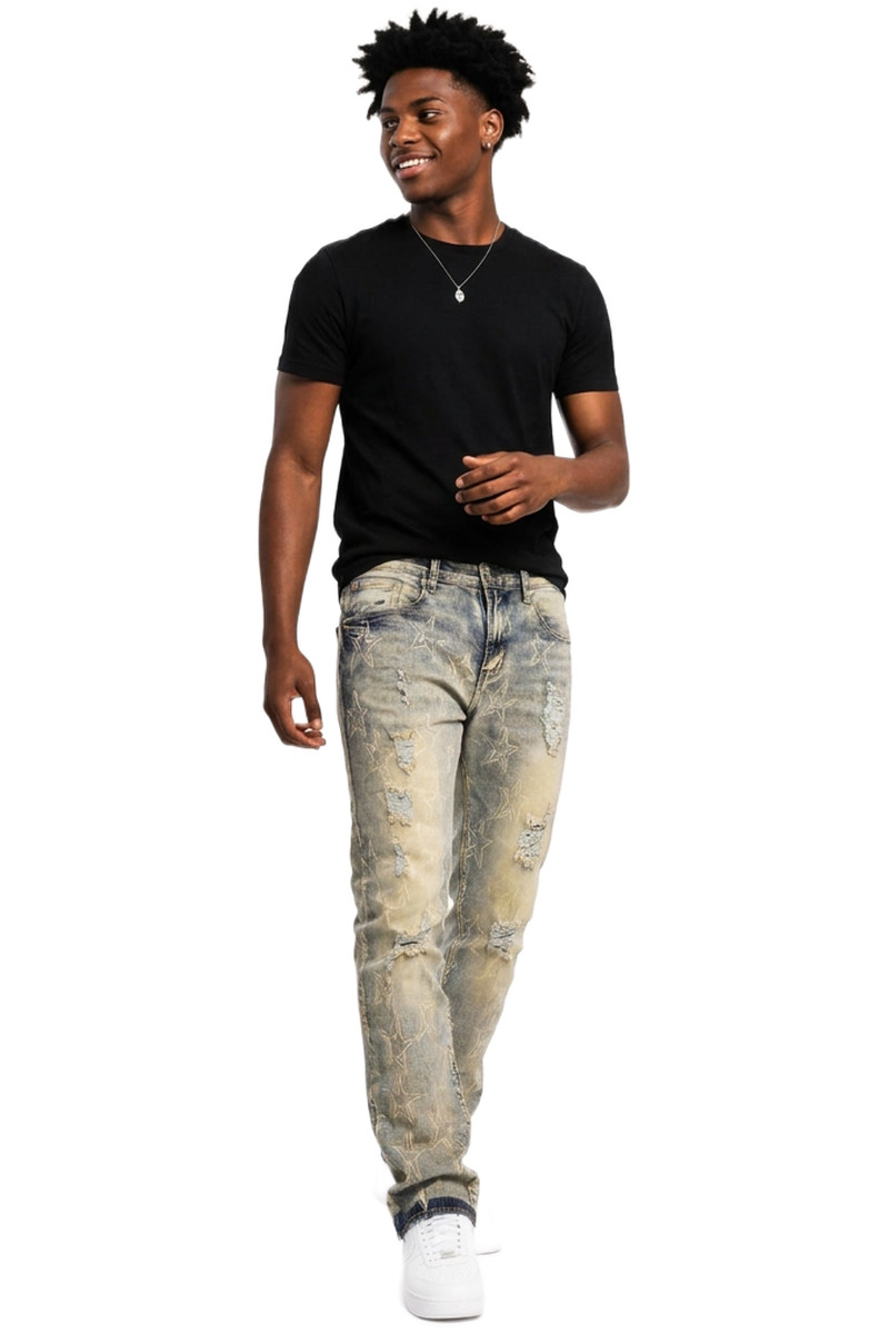 Men's Star Print Distressed Slim Fit Jeans
