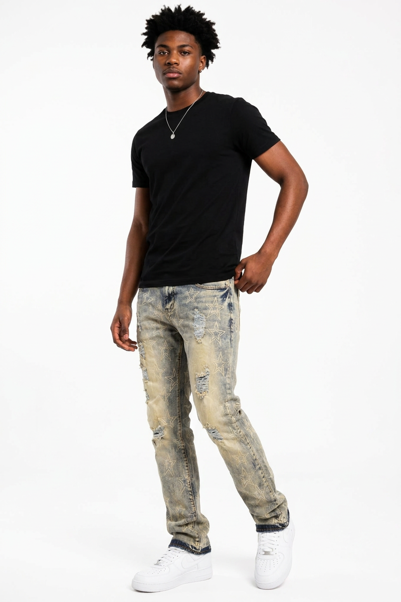 Men's Star Print Distressed Slim Fit Jeans