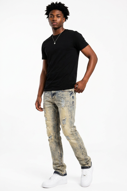 Men's Star Print Distressed Slim Fit Jeans