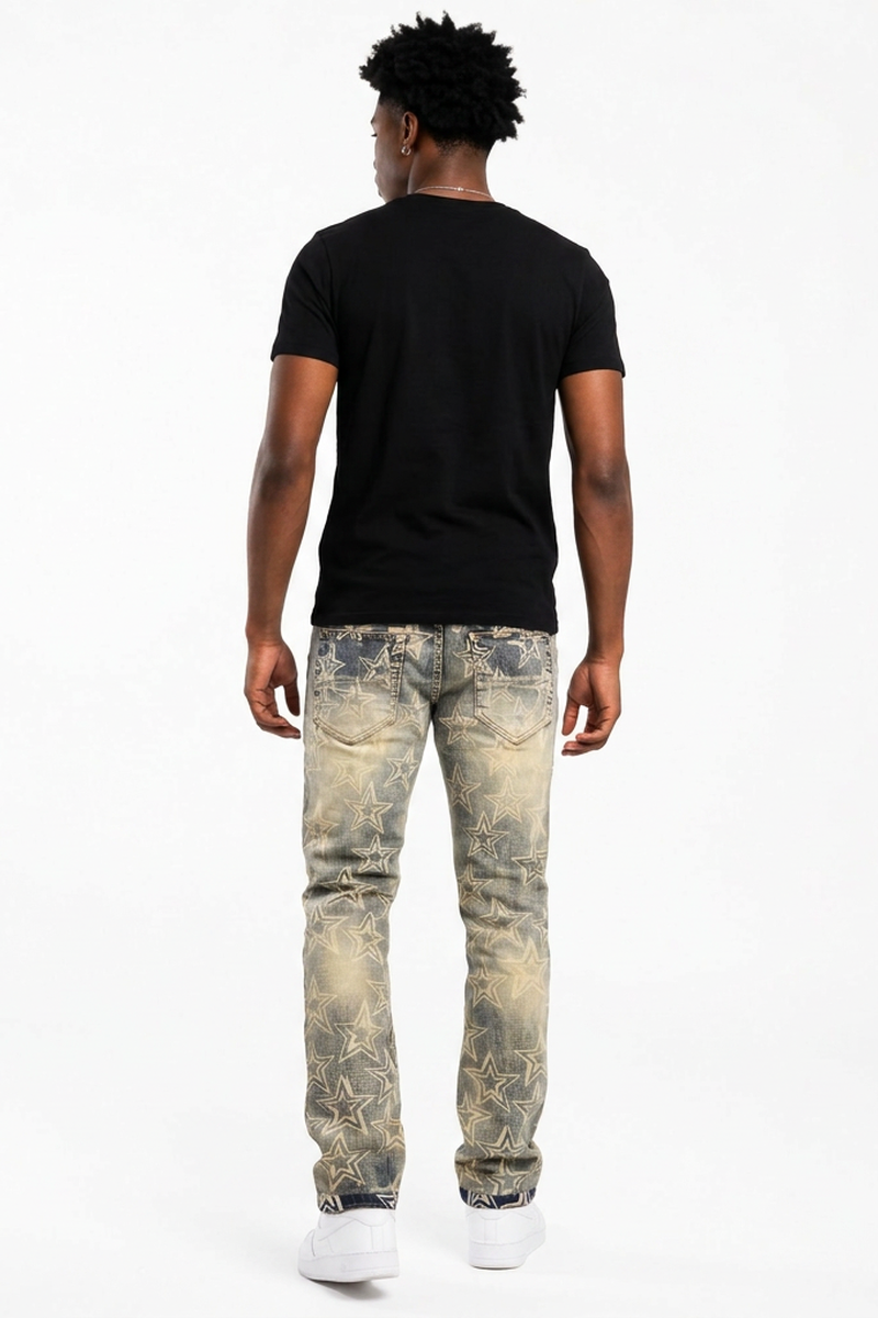 Men's Star Print Distressed Slim Fit Jeans
