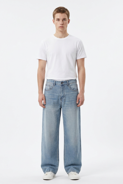 Men's 100% Cotton Washed Relaxed Fit Wide Leg Jeans