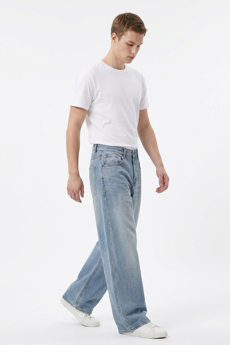 Men's 100% Cotton Washed Relaxed Fit Wide Leg Jeans